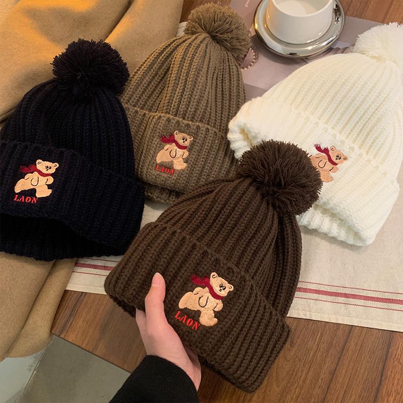 Cute Bear Coffee-colored Knitted Wool Hat for Women's New Winter Warm and Thickened Face Small Ear Protection Hat Tide