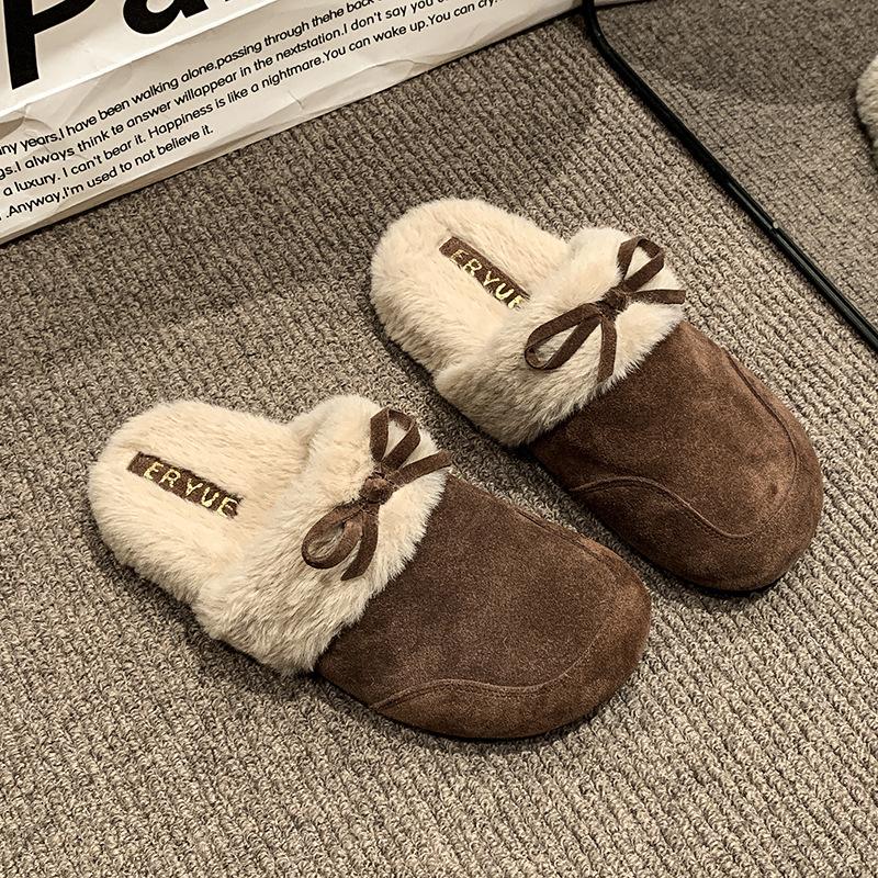 One-pedal bag head fluffy half slippers women's autumn and winter velvet outer wear 2025 new retro thermal cotton slippers