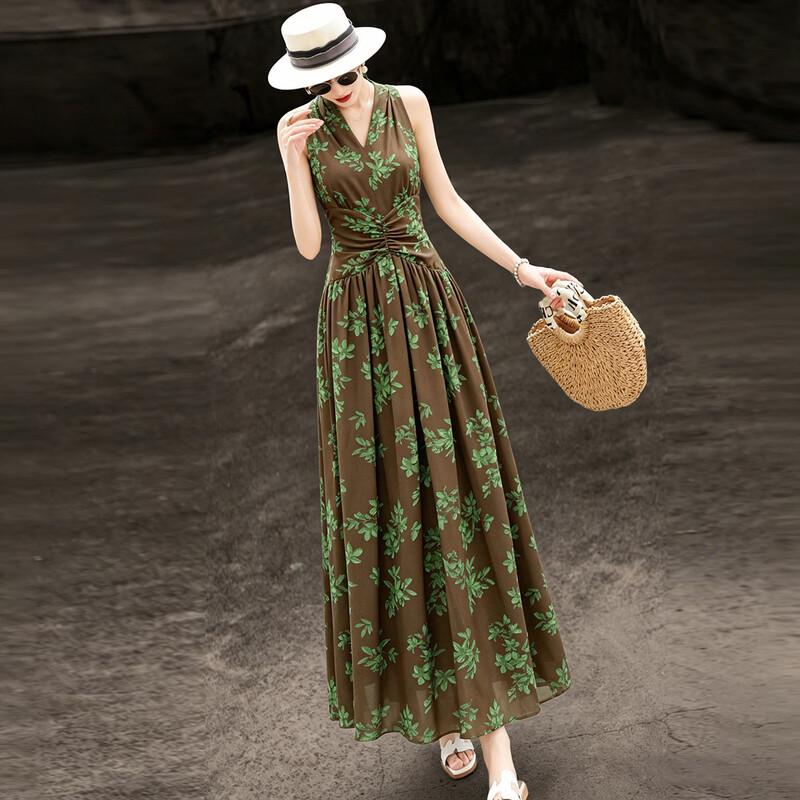Women s V-Neck Floral Chiffon Midi Dress L