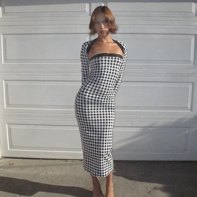 Women's  Lace Plaid Printed Sheath Dress Patchwork Shawl Two Piece Set