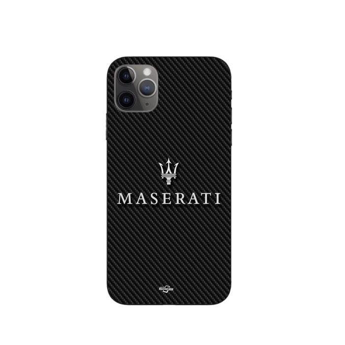 Coque Maniacase pour pour Iphone 11 Pro max maserati blanc fond carbonne