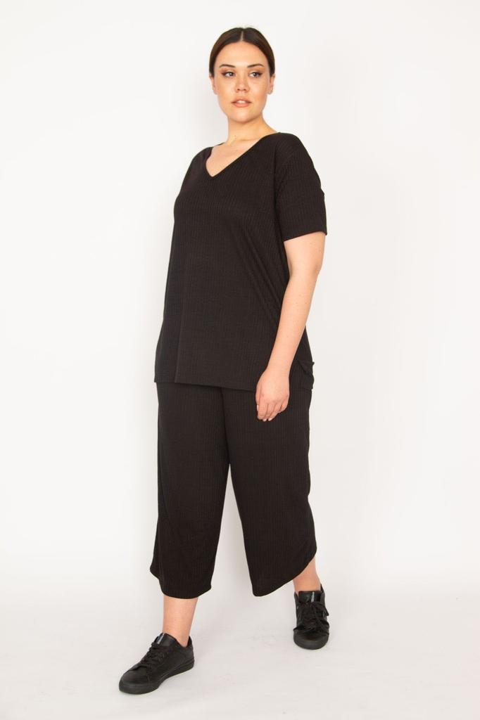 Women's Style Big Size Under-Upper Team Green Camisole Knitted Elastic Waist Wide Leg Trousers V-Neck Blouse Set