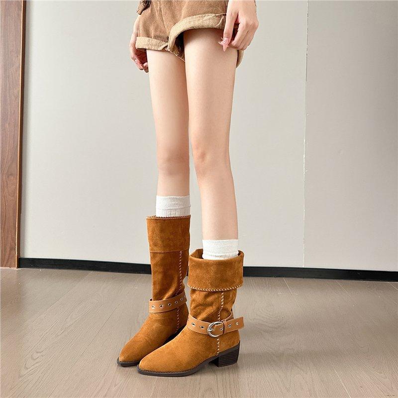 Suede Retro Mid-Tube Pointed Boots Autumn Belt Buckle Knight Booties Mid-Heel Pleated Western Cowboy Pile Boots