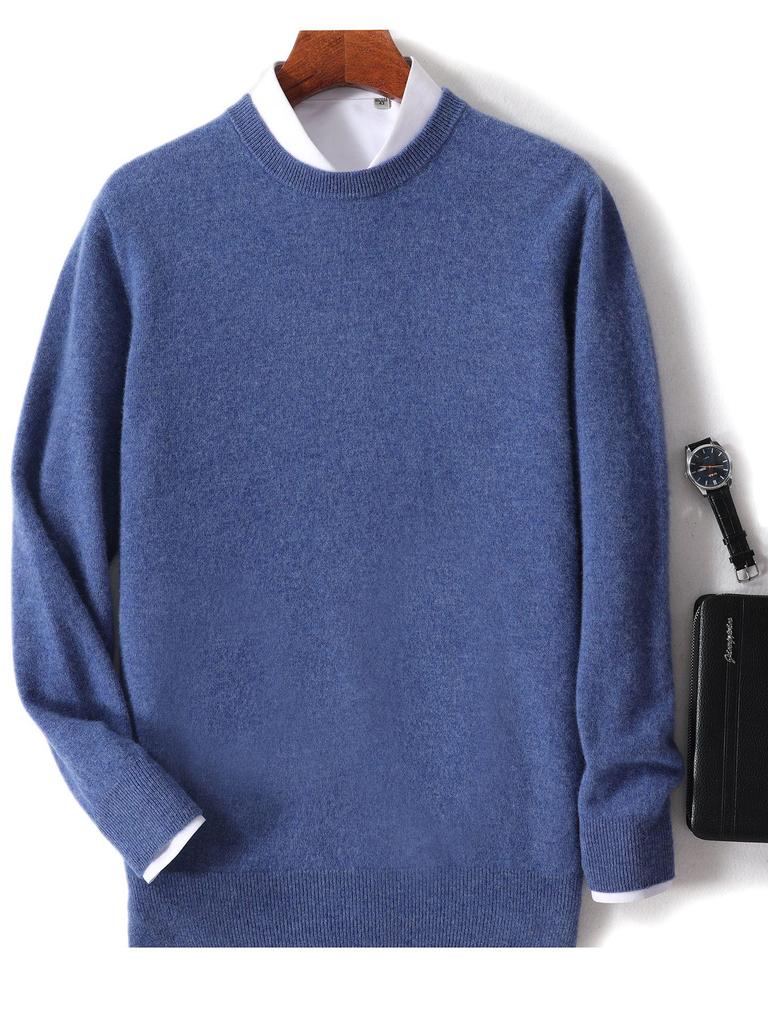 Men's 100% Pure Wool Crew Neck Sweater - Medium Thickness, Solid Color Knitwear for Autumn and Winter Warmth