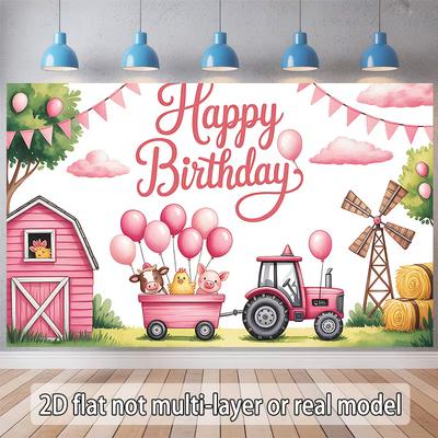 2D Watercolor Style Pink Farm Birthday Photography Background for Girls' Party