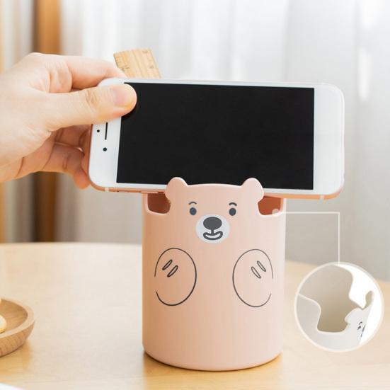 Xiaobudian Cute Bear 2-in-1 Pen Holder & Phone Stand, Macaron Colors Desk Organizer, Large Capacity Storage for Pens Makeup Brushes Scissors