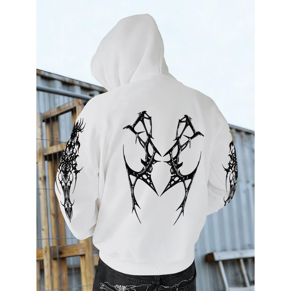 Autumn and Winter Fashionable Men's Retro Street Printed Hooded Sweatshirt with Thorn Pattern, Casual Top, Suitable for Daily Outings