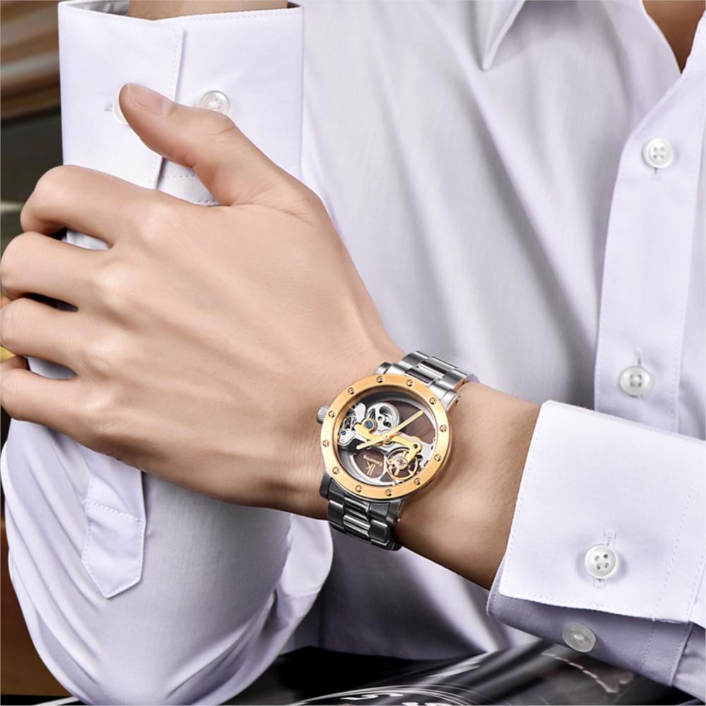 IK Coloring Herrenuhren 5ATM Wasserdicht Edelstahl Automatisch Mechanisch Herren Armbanduhr Brücke Skelett Herren Uhr