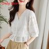 Cotton Embroidered Short Sleeve Shirt For Petite Women With V Neck And Floral Design