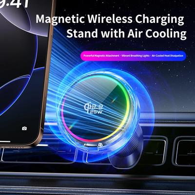 Carregador sem fio RGB magnético veicular Qi2.2 de 25 W com suporte para celular com ventoinha de resfriamento a ar para MagSafe iPhone 17, 16, 15, 14, 13 e 12. Carregamento rápido.