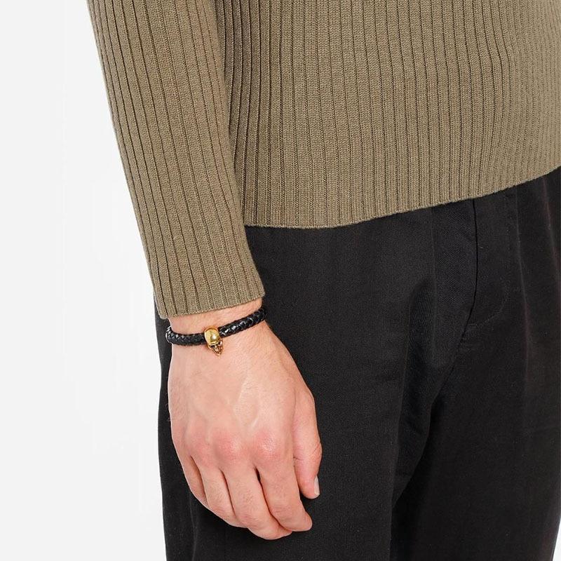 Alexander McQueen Metal Skull Leather Woven Bracelet Men Bracelets Gold 554602-J16KG-1000