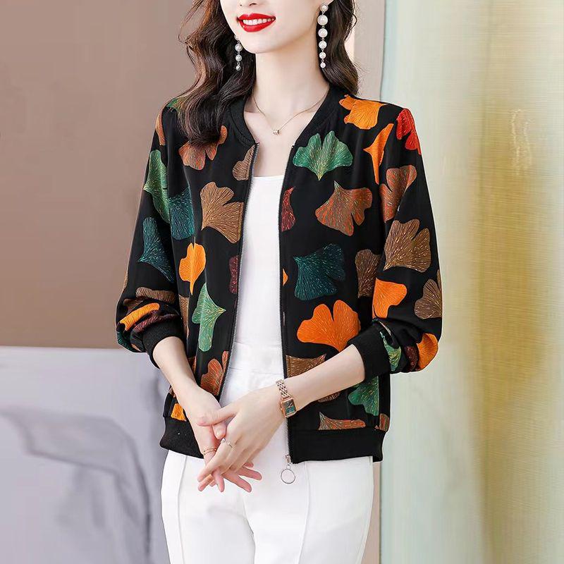 Mother's Chiffon Printed Long-Sleeve Cardigan: 2025 Spring New, Plus Size, Loose Fit, Versatile Baseball Jacket