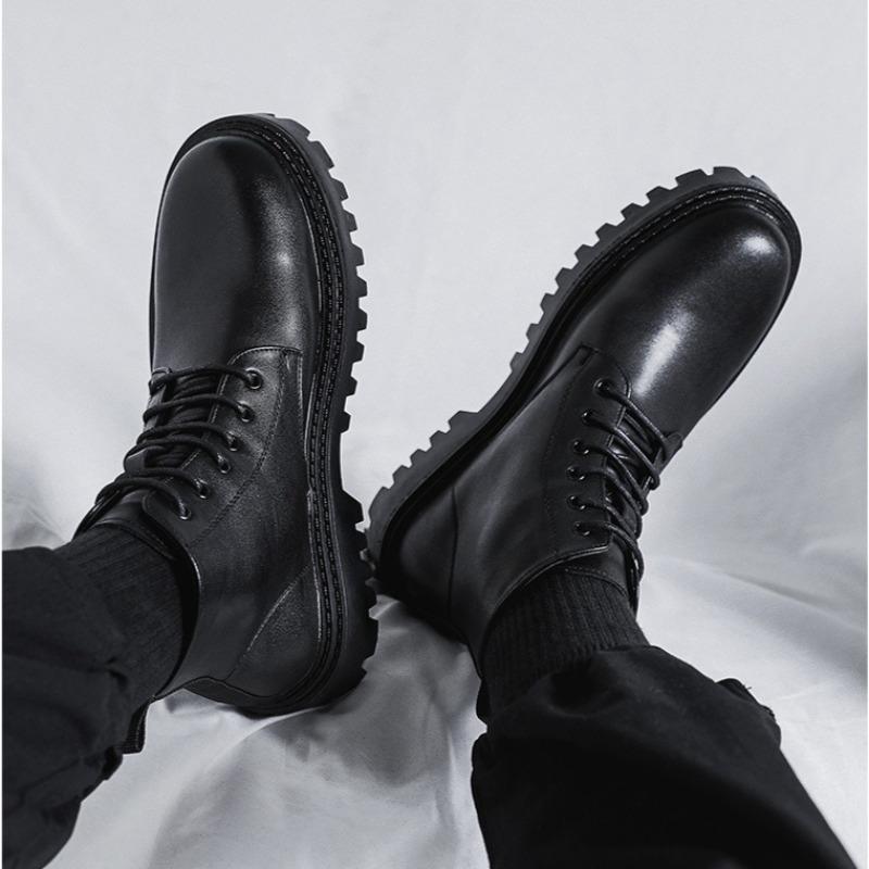 Classic Men's High Top Boots Quality Leather Casual Boots Fashion Motorcycle Boot Lace Up Ankle Boots Non Slip Platform Booties