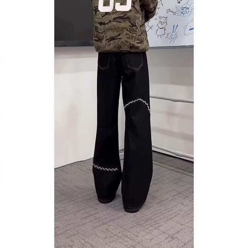 American High Street Trendy Brand Men's and Women's Loose Embroidered Jeans Spring and Autumn Washed Wide Feet Fashion Ruffian Handsome Straight Trous
