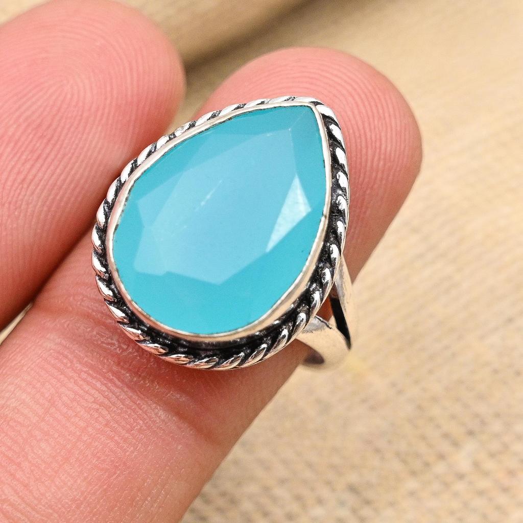 Blue Chalcedony Gemstone Handmade 925 Sterling Silver Ring Jewelry For Love