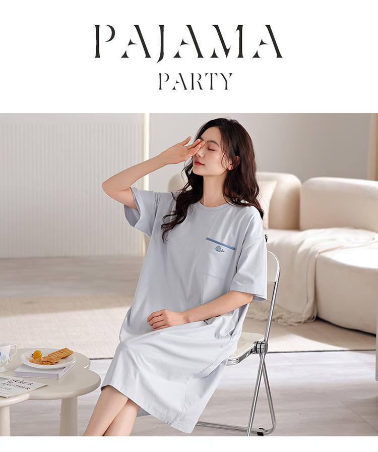 Women's Pure Cotton Loose Mid-Length Nightgown with Bra Pads – Comfortable Anti-Exposure Pajamas for Spring, Suitable for Home or Outdoor Wear.