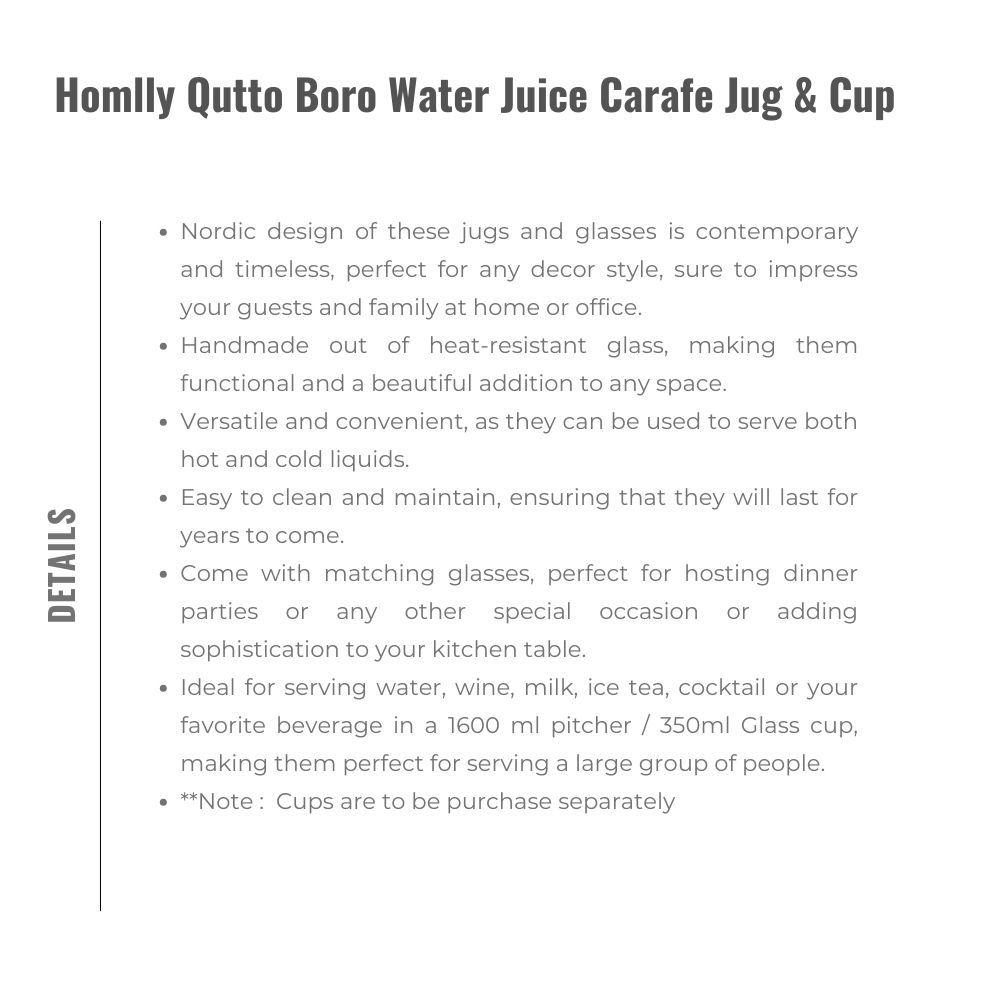 Homlly Qutto Boro Water & Juice Carafe Jug & Cups (X2PCS)