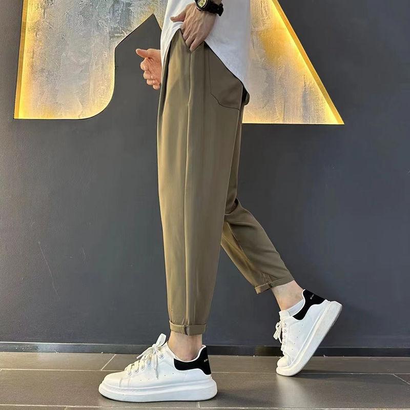 

Летние модные мужские новые эластичные брюки харен с высокой посадкой, кулиской и карманами, модные однотонные свободные повседневные S коричневый