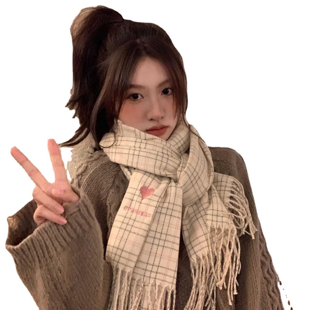 New sweet plaid versatile warm embroidery love cute fringed scarf women's winter Hong Kong style Korean scarf