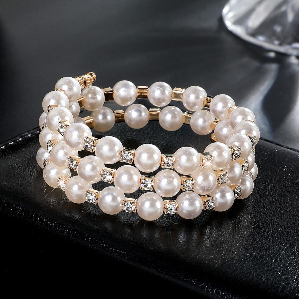 Multi-layer 8mm Pearl Rhinestone Bracelet, Bridal Full Diamond Elastic Bracelet Open Wound Diamond Bracelet