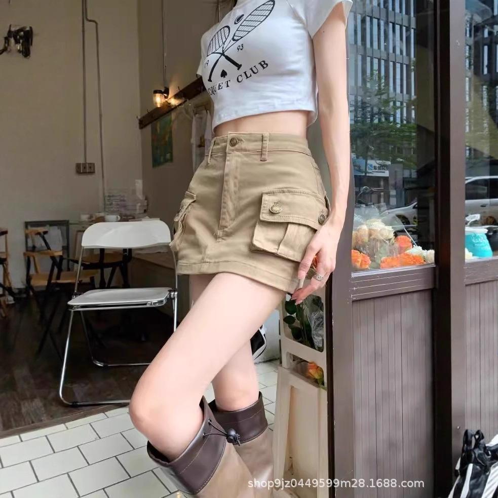 2025 Summer High Waist Khaki Denim A-Line Mini Skirt - Spicy Girl American Style, Slimming Anti-Exposure Workwear. XL хаки