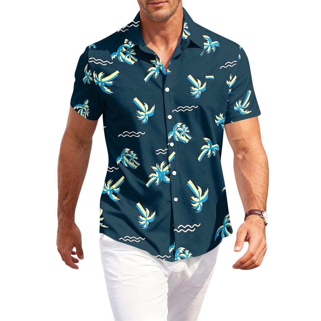Men's Casual Loose Fit Hawaiian Short Sleeve Shirt Lightweight Button Down Tropical Printed Shirt for Summer Beach Vacation