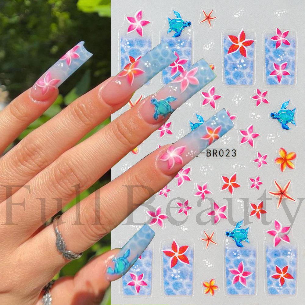 Nail Art Stickers, French Summer Ocean Flowers, Turtles, Starfish Stickers, Adhesive Nail Art Stickers