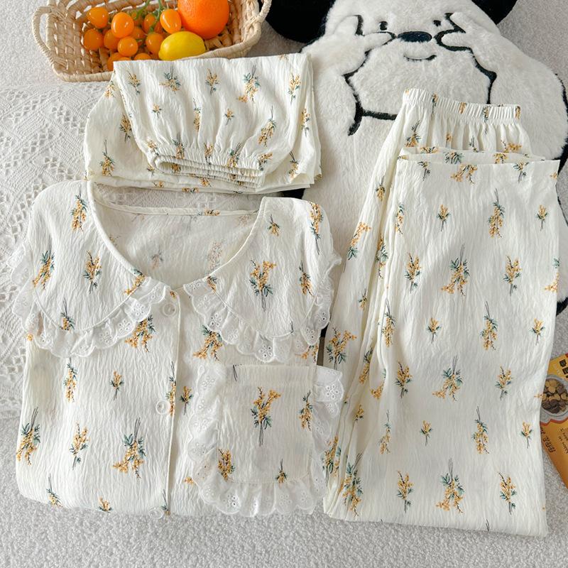 Cloud Cotton Three-Piece Pajamas Women'S Summer Doll Collar Short-Sleeved High-End Floral Loungewear