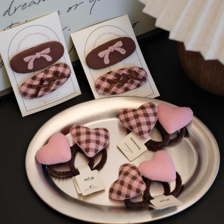 Pink Heart Hair Tie & Bangs Clip - Cute, No-Damage, Plaid Bow Hair Accessories for Girls