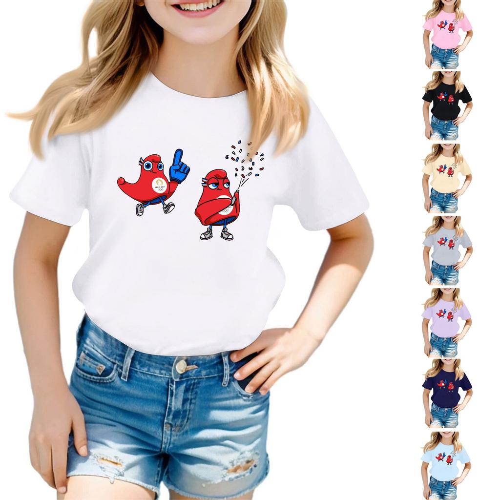 Casual Loose Print T-shirt Crewneck Pullover Short Sleeve Top For Kids Youth