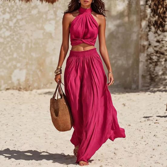 Comfortable Summer Pants Women's 2 Piece Outfits, High Neck Halter Sleeveless Top And Slimming Loose Trousers Wide Leg Matching Set, Beach Vacation