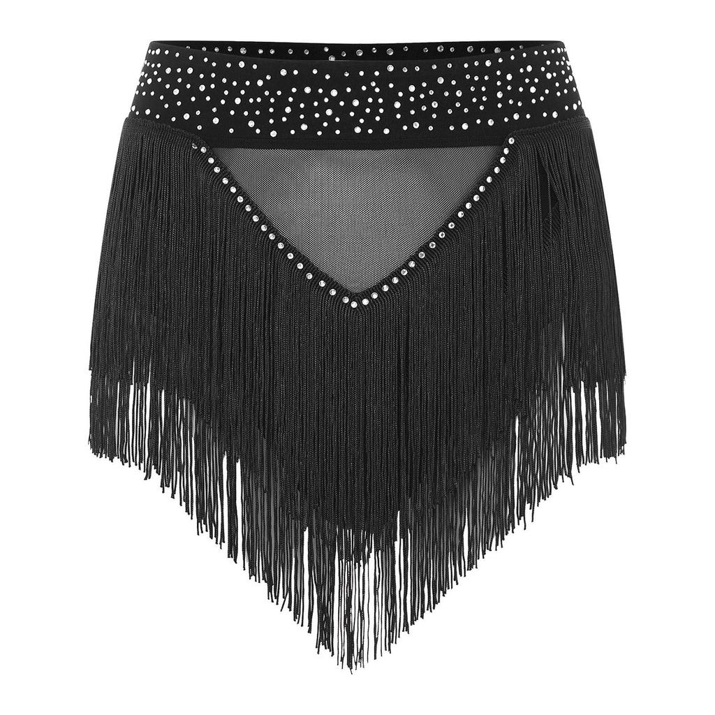 Rhinestone Tassel Belly Dance Shorts for Women Sheer Mesh High Elastic Briefs Underwear for Samba Stage Performance