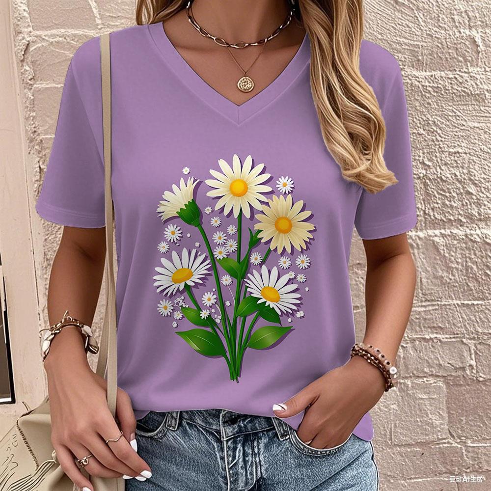 Women's Printed V-neck T-shirt, Summer Casual Urban Fashion Large-sized Women's Wear with Short Sleeves