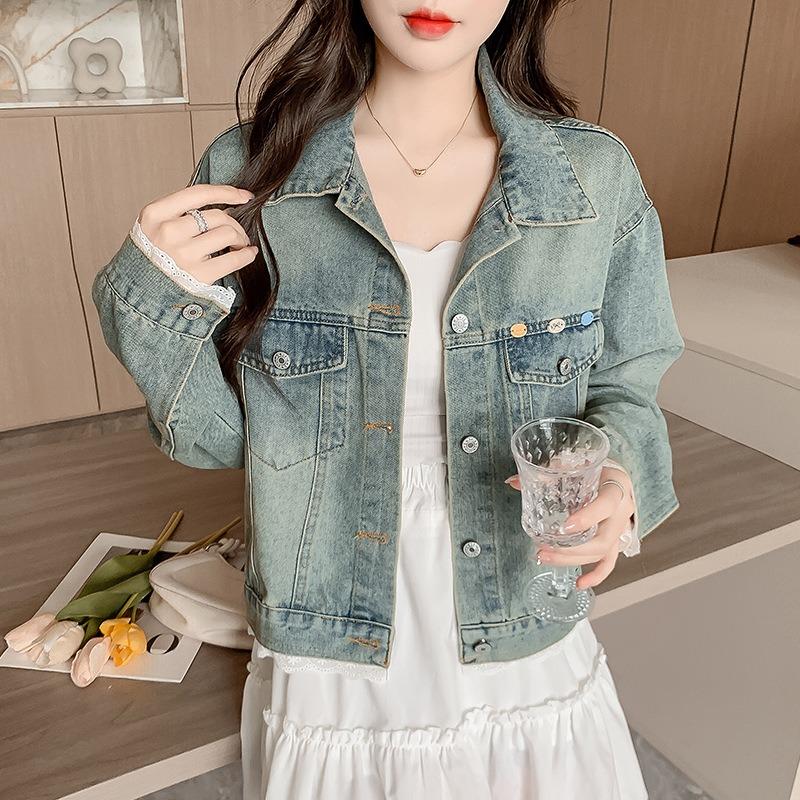 Design Sense Splicing Lace Edge Denim Jacket Women's Spring New Retro Versatile Light Color Jacket Top