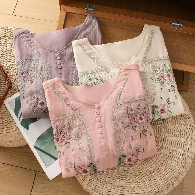 Women Floral Embroidery Linen Blend Blouse V Neck Three Quarter Sleeve Casual Loose Fit Top