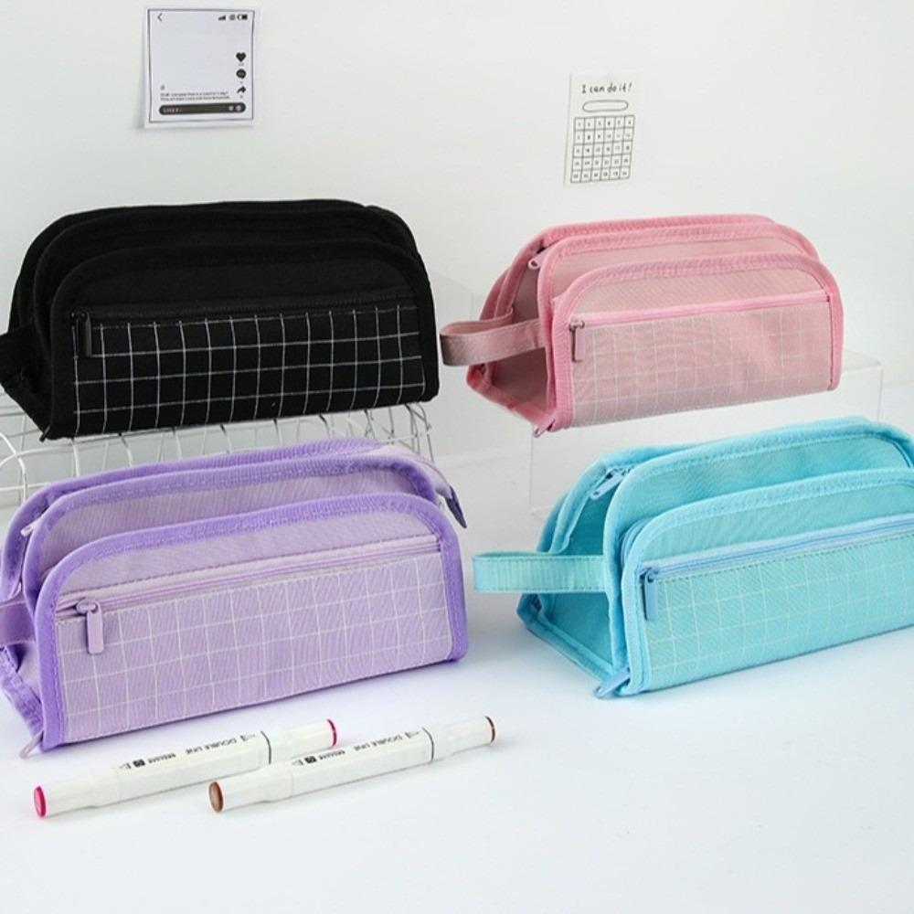 Multi-layer Pen Storage Bag Large-capacity Student Stationary Boxes Grid Pencil Case  Children