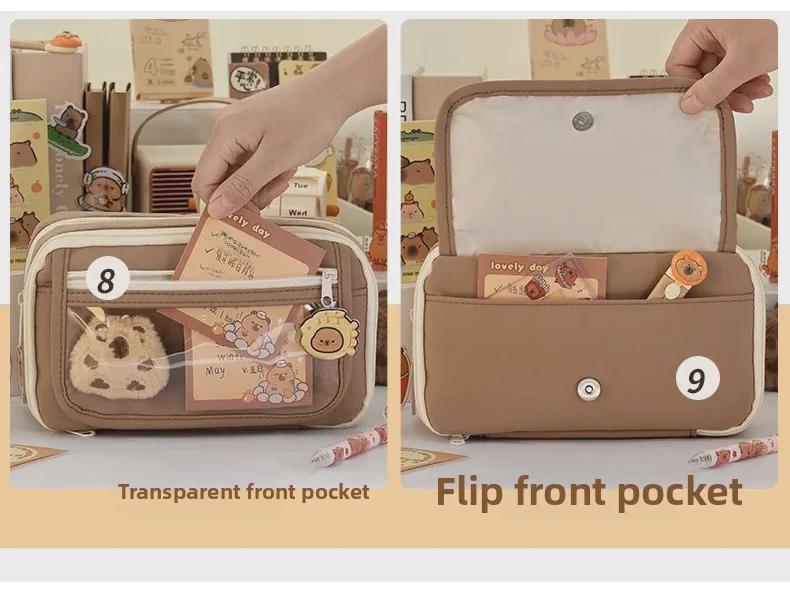 Large-Capacity Capybara Pencil Case for Girls - Cute Transparent Design for Junior High Students