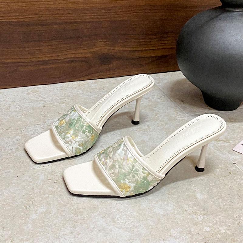 

Fashion Fashion Flower Women Thin Heels Slides Sandals Shoes Square Toe Sexy Ladies High Heels Shoes Slip On Female Sandals Pumps 35 бежевый