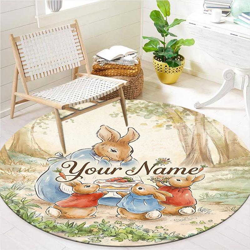 Easter Bunny Picnic Custom Name Round Area Rug Carpet Rug For Living Room Bedroom Sofa Playroom Decor Nonslip Floor Mat