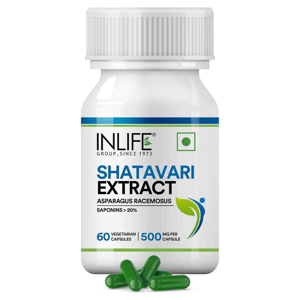 INLIFE Shatavari Extract 500mg Supplement, Women, >20% Saponins, 60 Caps