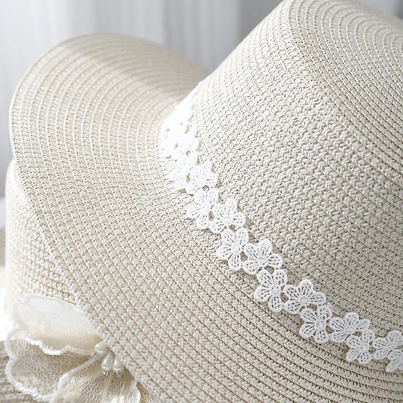 Fashion lace flower curled straw hat women's summer seaside woven hat seaside vacation visor beach sun hat