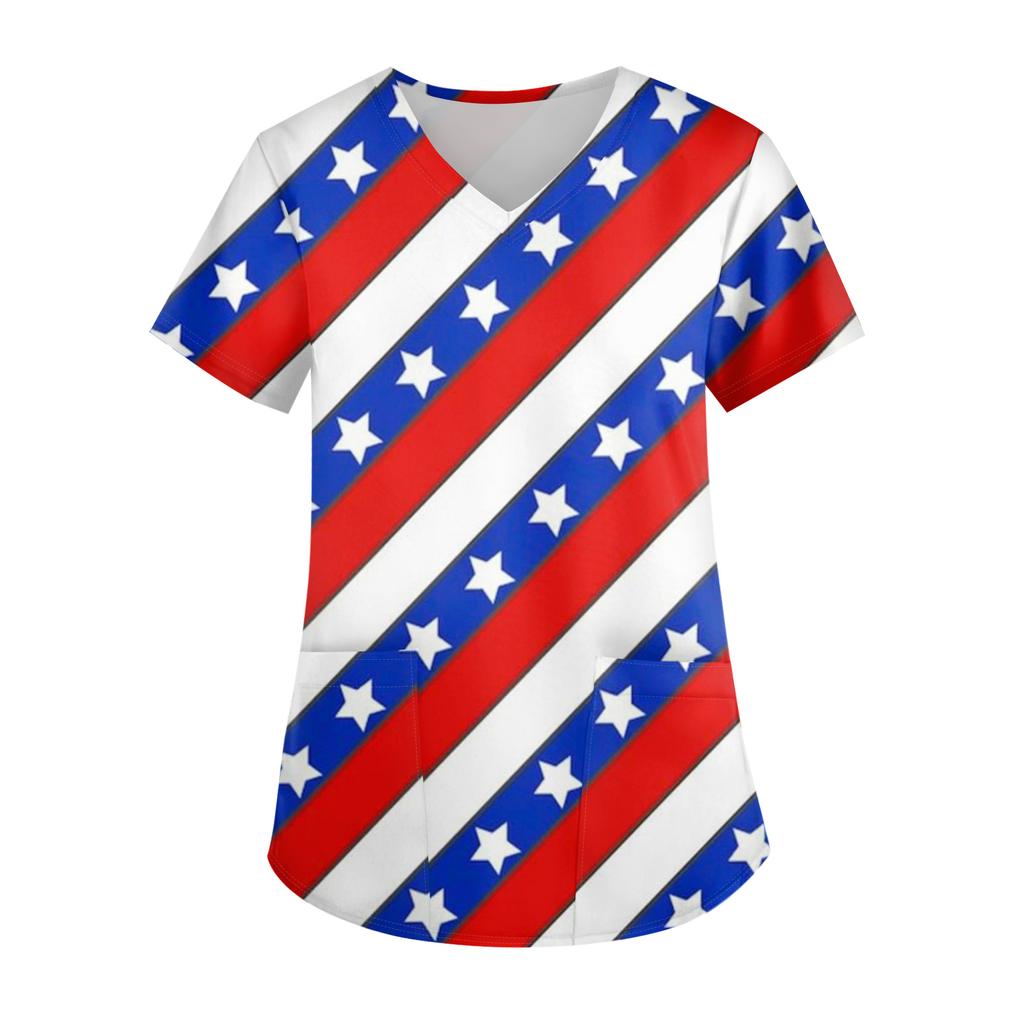 Ladies' Independence Day printed fashionable V-neck pocket short sleeved uniform and caregiver top