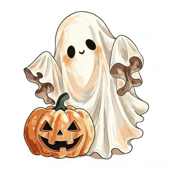 Rustic Autumn Table Centerpiece Halloween Wooden Ghost Ornament with Pumpkin Pattern, Double Sided Desktop Decoration, Cute Figurine Spooky