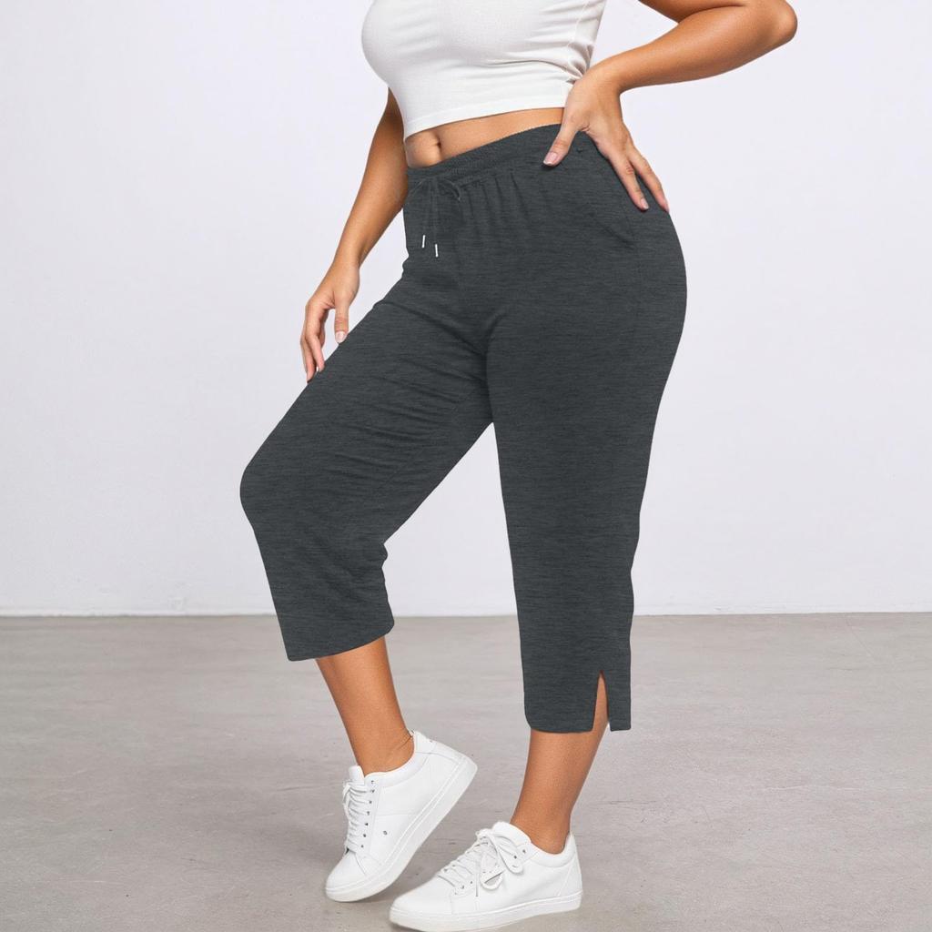 Women's Cropped Pants Casual Drawstring Waist Loose Yoga Sports Pants With Pocket Cuff Slitted Sports Pants