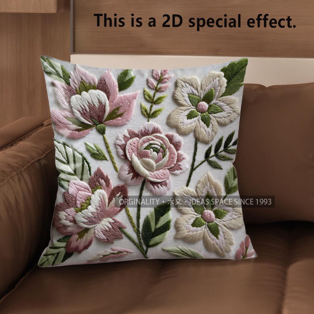 2D Floral Embroidered Pattern Decorative Pillow Covers Pattern Cushion Cover Suitable For Sofa Bedroom Car Pillow Cover