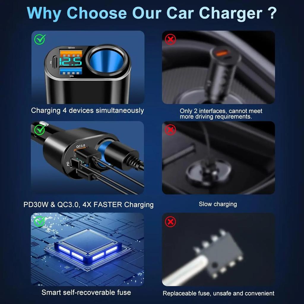 One To Four Car Charger with Cigarette Lighter Expansion Hole 90W Multifunctional Car Charger  High Power Cigarette Lighter