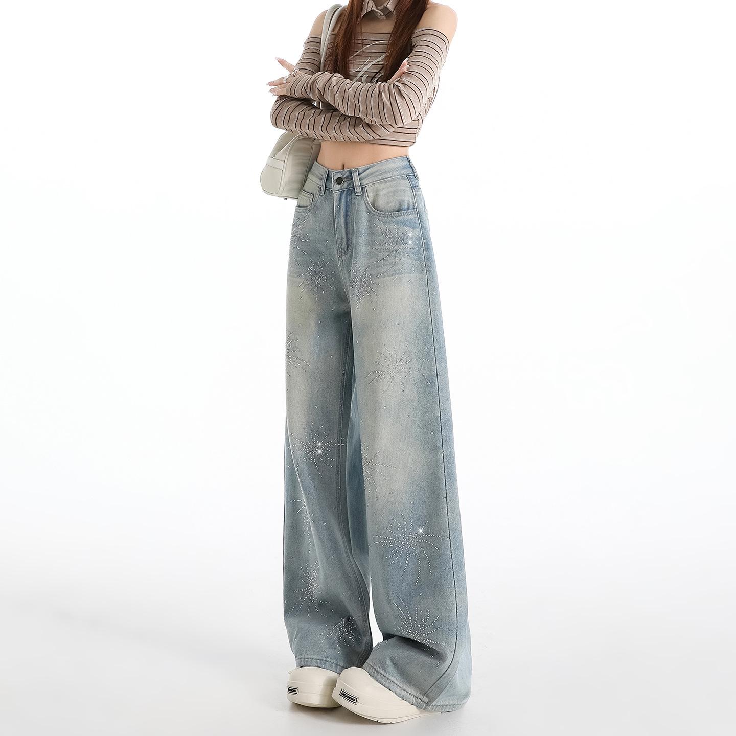 

2026 Retro Rhinestone Firework High-Waist Denim Pants for Women - Spicy Girl Design, Loose Slimming, Floor-Length Medium