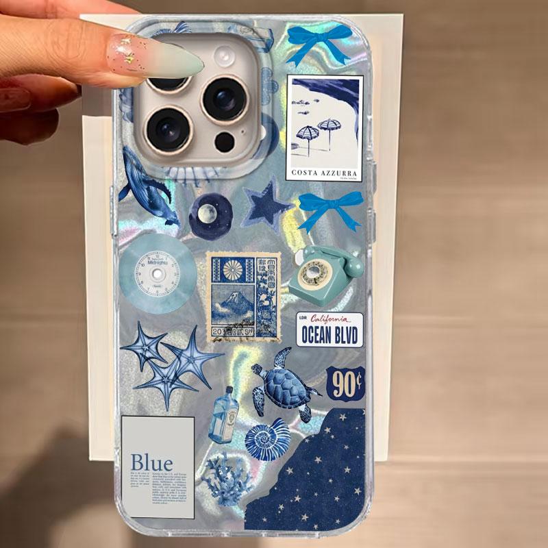

For iPhone 16 15 14 13 Plus Pro Max 16e 7 8 Plus SE 2020 XS XR 5G Phone Case Ocean Life Theme Blue Heart Starfish Cover Shells iPhone 7 Plus