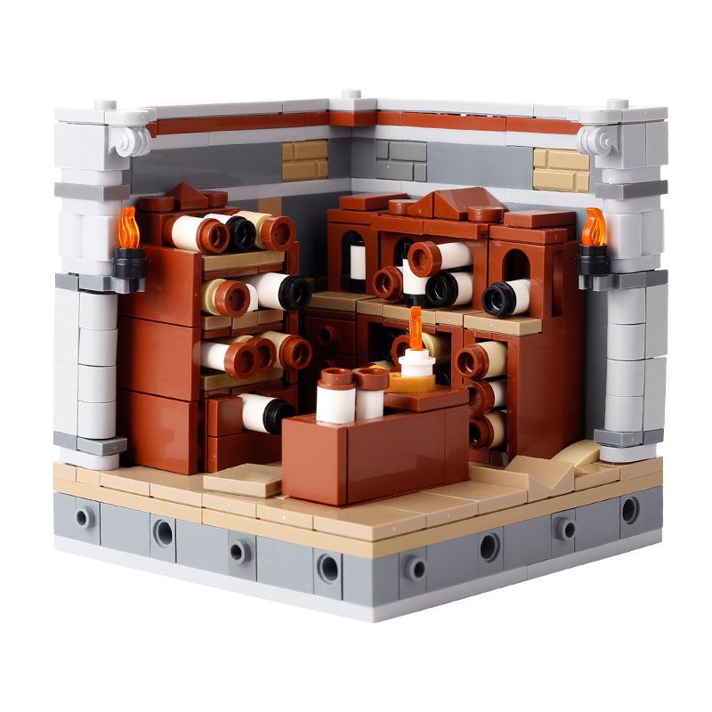 MOC Medieval Furniture Pharmacist Wine Barrel Bar Scrolls Cabinet Building Blocks Piano Bookshelf Paper Map Bedrooms Bricks Toys