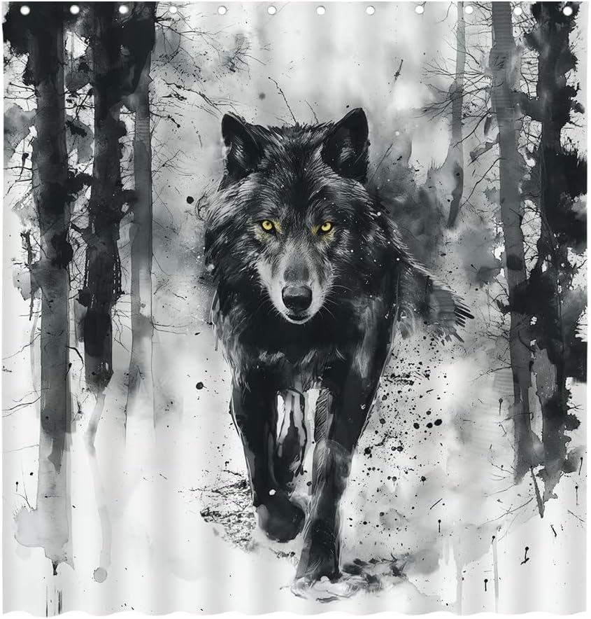 Wild Animals Shower Curtains Chinese Ink Painting Black Wolf Winter Outdoor Nature Landscape Watercolour Pattern Bathroom Decor